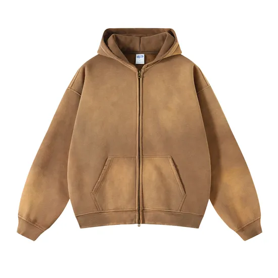 Fleece Lined Spray Wash Zip Hoodie Raw Edge Custom Logo Embroidery Bulk Wholesale Supply