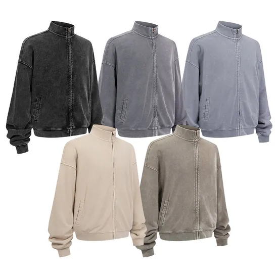 Classic Retro Washed Full Zip Collar Cotton Jacket Custom Logo Wholesale for Apparel Brands