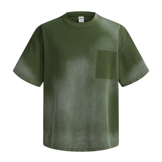 Gradient Washed Pocket Pure Cotton Tee Support Custom Logo Embroidery DTG Bulk Wholesale Order